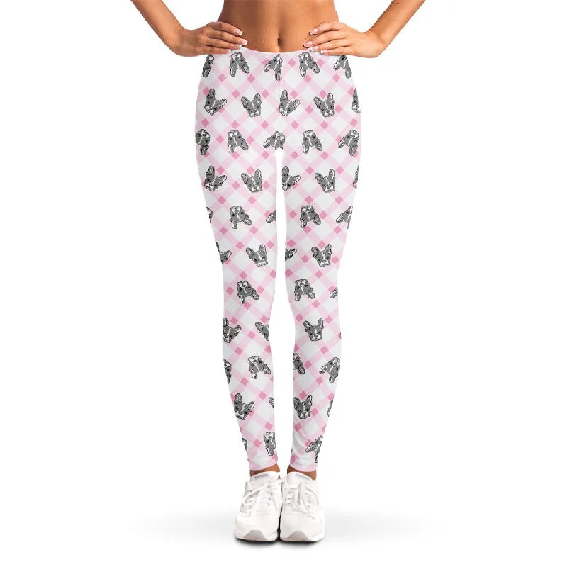 Pink Boston Terrier Plaid Print Women's Leggings Comfortable Full-Body Compression Leggings