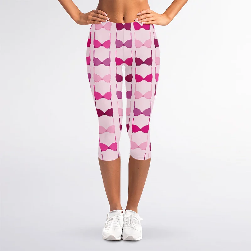 Pink Bra Breast Cancer Pattern Print Women's Capri Leggings Stylish High-Waisted Leggings