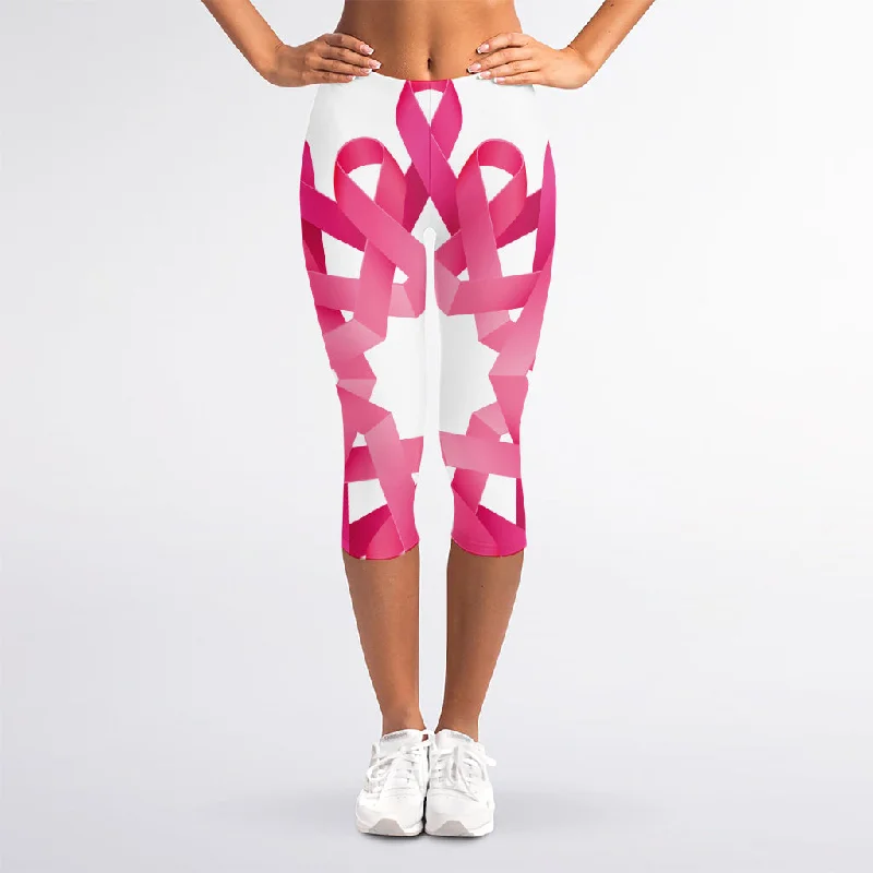 Pink Breast Cancer Ribbon Flower Print Women's Capri Leggings Comfortable Ribbed Sports Leggings