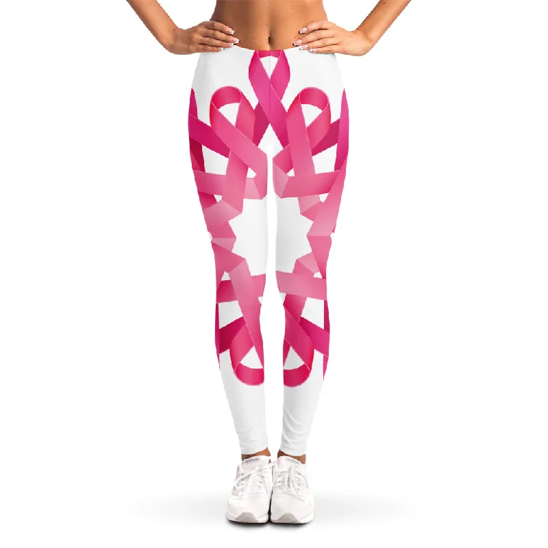 Pink Breast Cancer Ribbon Flower Print Women's Leggings Fashionable High-Rise Workout Leggings