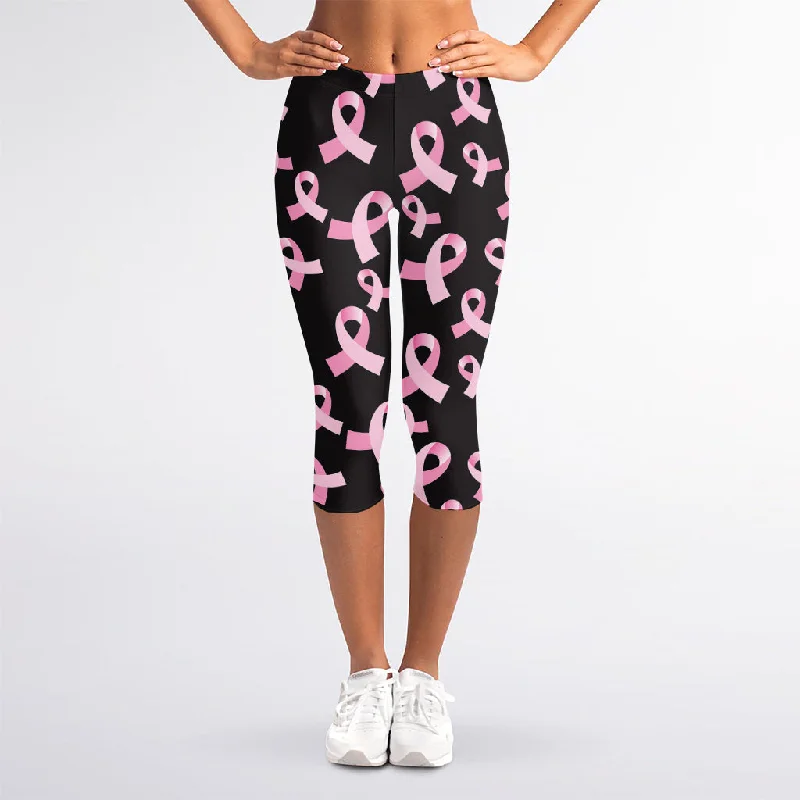 Pink Breast Cancer Ribbon Pattern Print Women's Capri Leggings Comfortable Athletic Tights