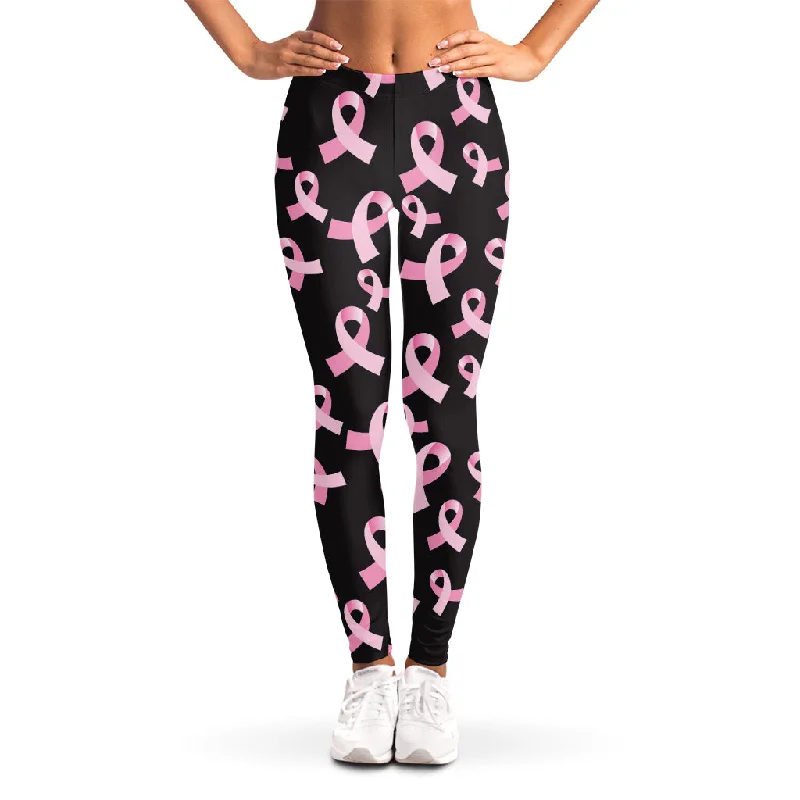 Pink Breast Cancer Ribbon Pattern Print Women's Leggings Fashionable Embroidered Detail Leggings