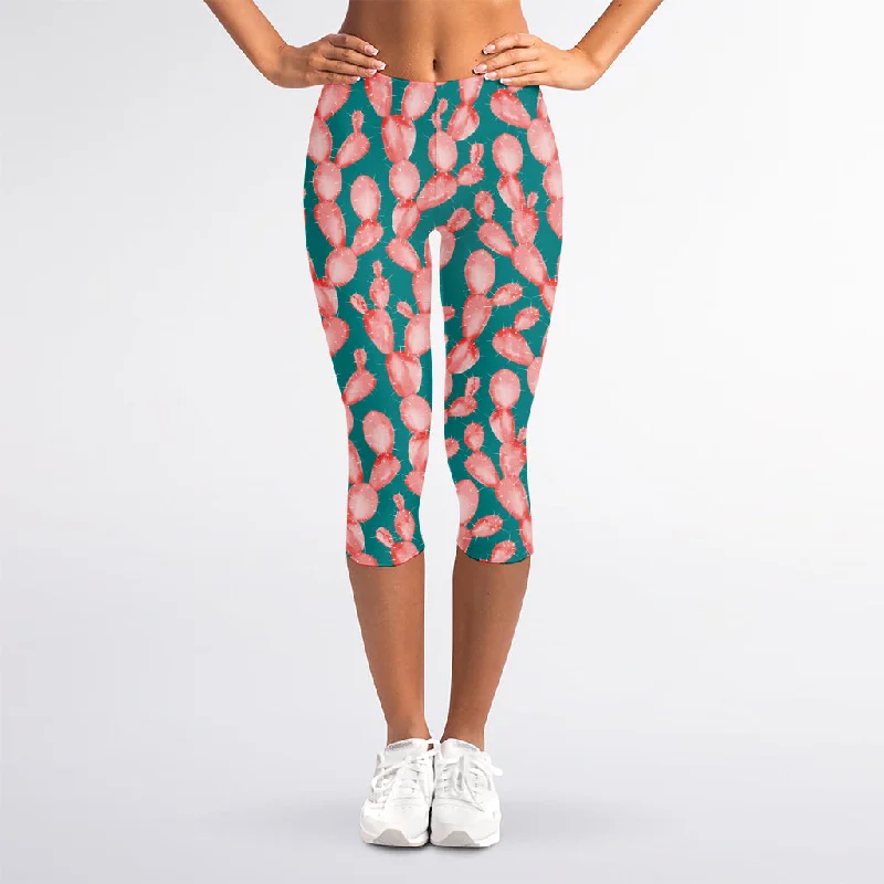 Pink Cactus Pattern Print Women's Capri Leggings Fashionable Stretchy Fit Leggings