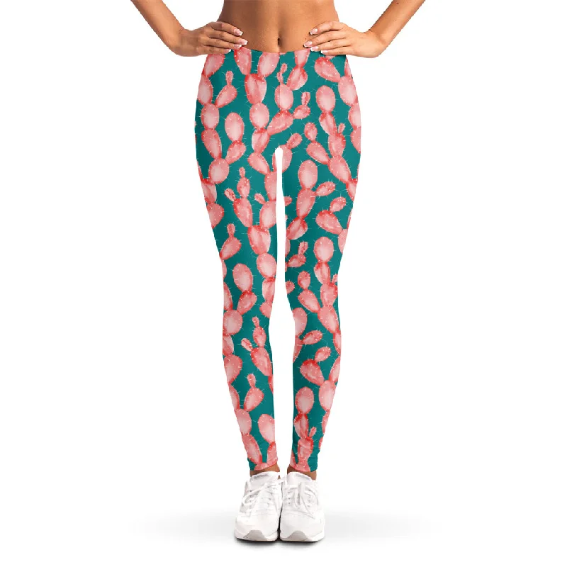 Pink Cactus Pattern Print Women's Leggings Trendy Faux Suede Leggings