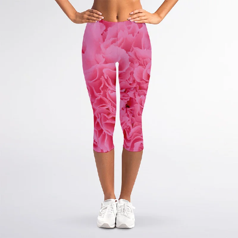 Pink Carnation Flower Print Women's Capri Leggings Fashionable Minimal Active Leggings