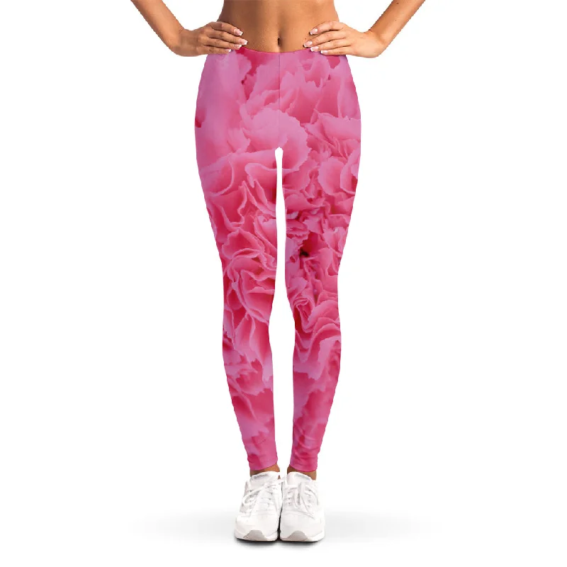 Pink Carnation Flower Print Women's Leggings Trendy Sporty Compression Leggings