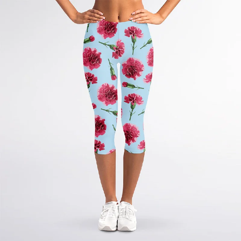 Pink Carnation Pattern Print Women's Capri Leggings Trendy Colorblock Print Leggings