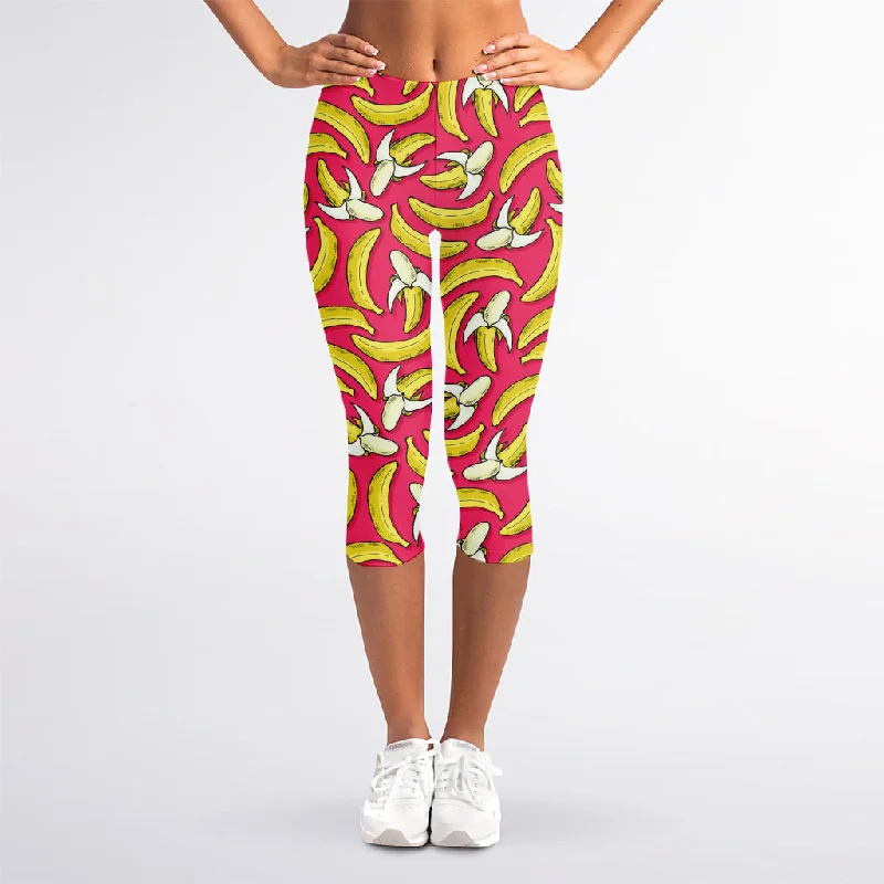 Pink Cartoon Banana Pattern Print Women's Capri Leggings Stylish Side-Stripe Leggings