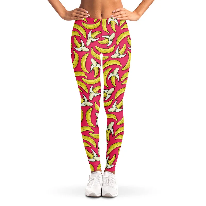 Pink Cartoon Banana Pattern Print Women's Leggings Elegant Textured Leggings