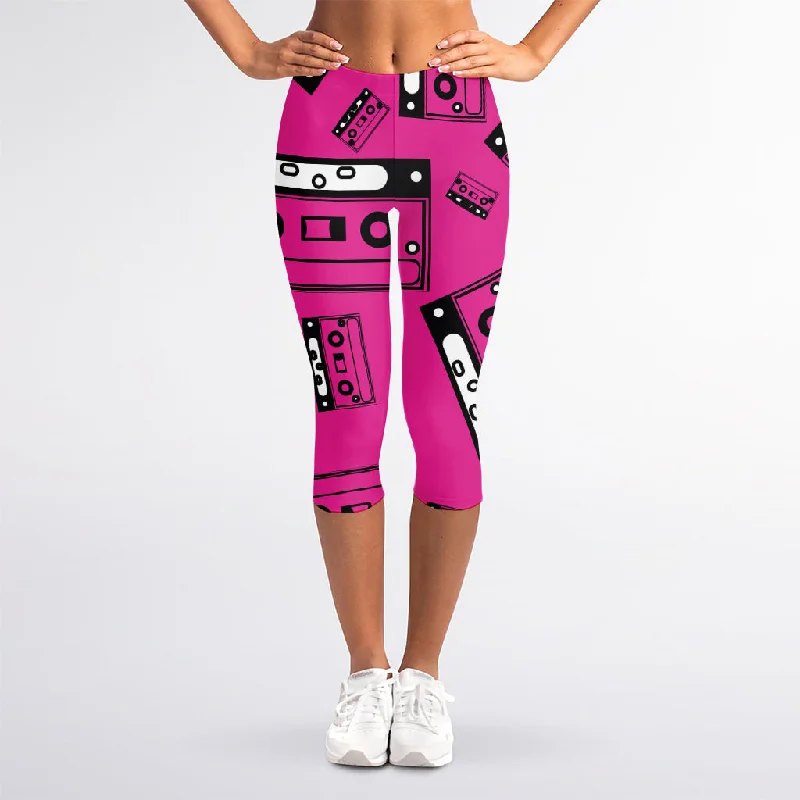 Pink Cassette Tape Pattern Print Women's Capri Leggings Fashionable Ribbed Knit Leggings