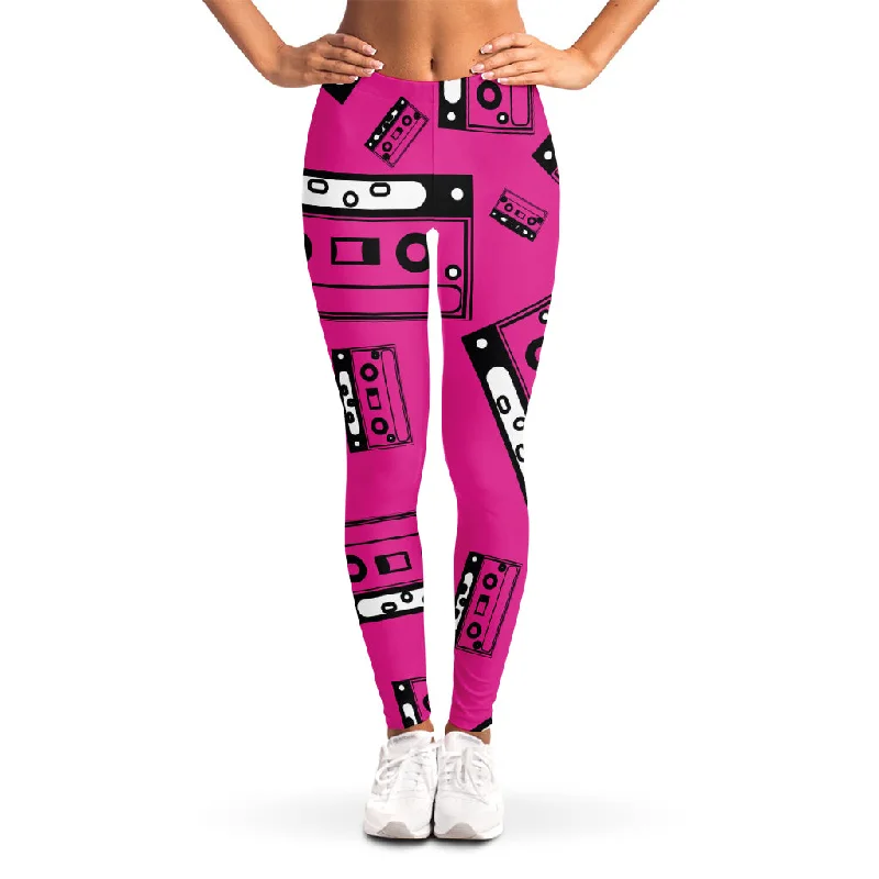 Pink Cassette Tape Pattern Print Women's Leggings Trendy Cold Weather Tights