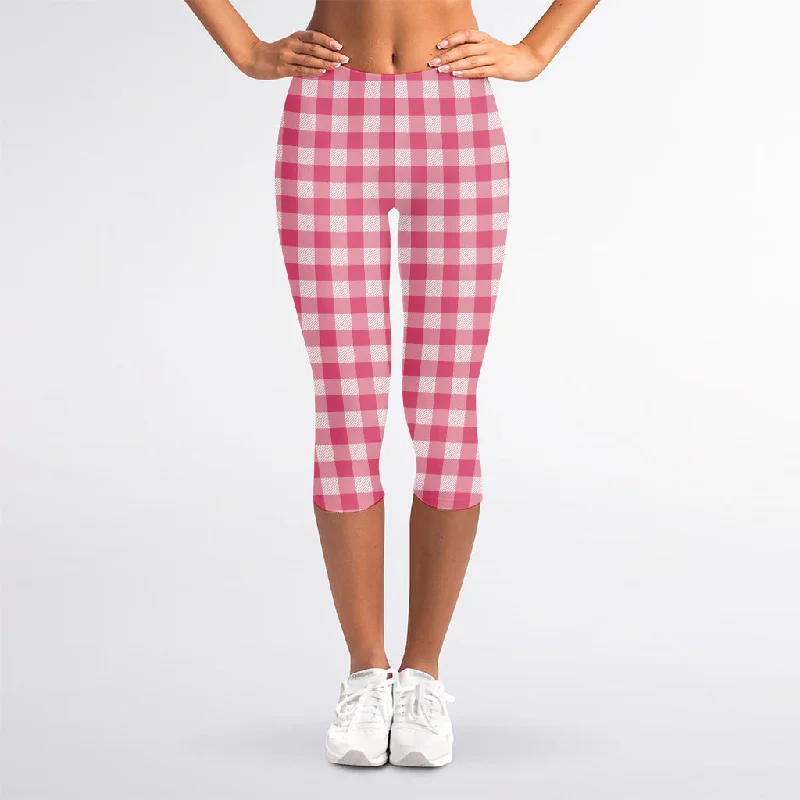 Pink Check Pattern Print Women's Capri Leggings Elegant Printed Leggings with Pockets