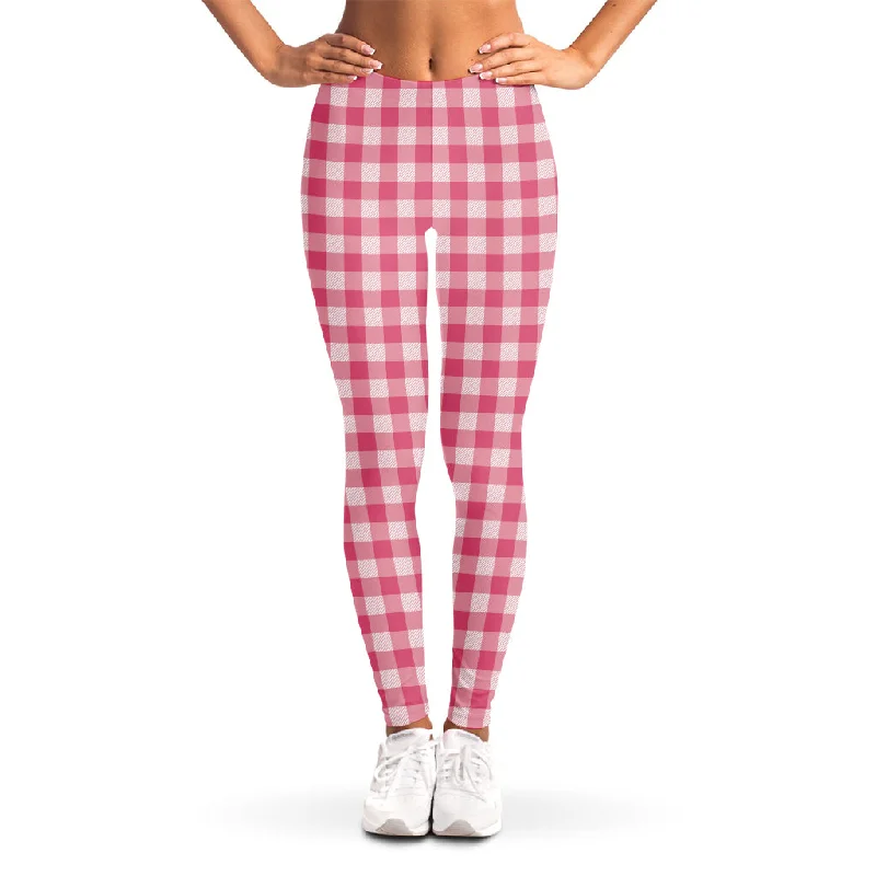 Pink Check Pattern Print Women's Leggings Trendy Fitness Leggings