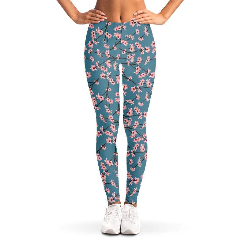 Pink Cherry Blossom Pattern Print Women's Leggings Trendy Digital Print Leggings