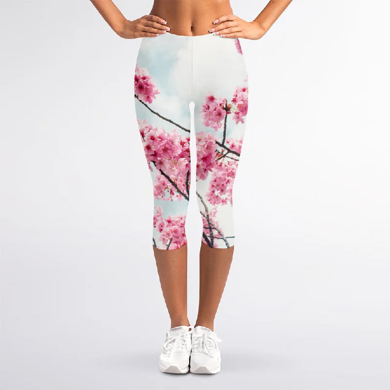 Pink Cherry Blossom Print Women's Capri Leggings Stylish Capri Leggings