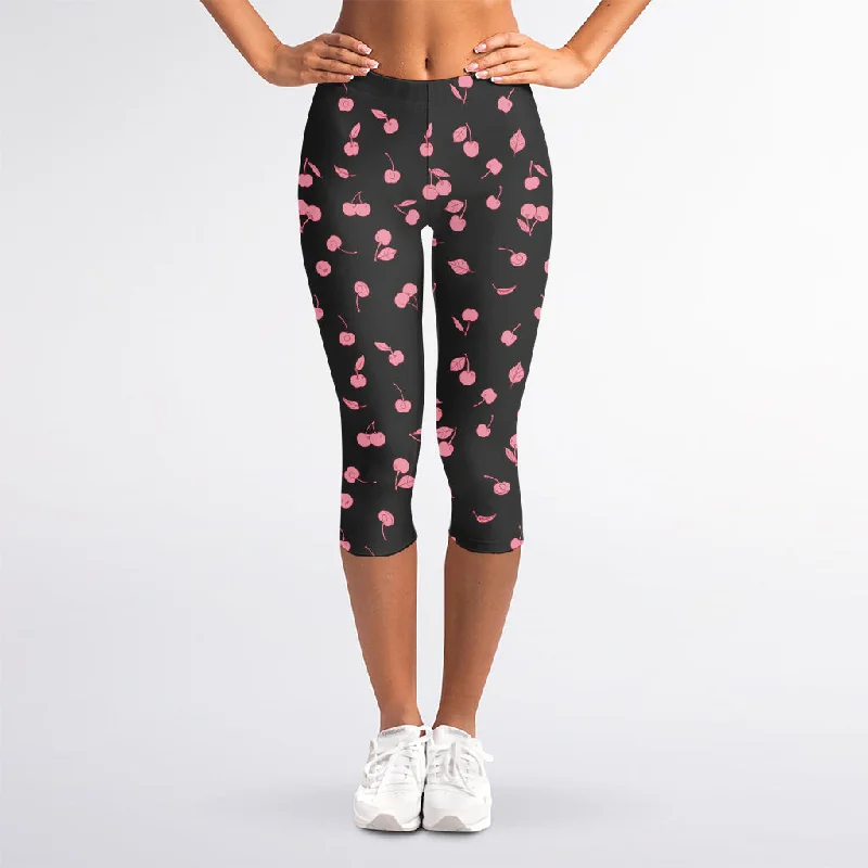 Pink Cherry Pattern Print Women's Capri Leggings Comfortable Bootcut Workout Leggings