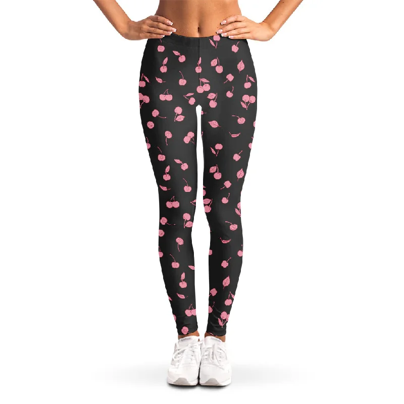 Pink Cherry Pattern Print Women's Leggings Chic Smooth Fit Leggings