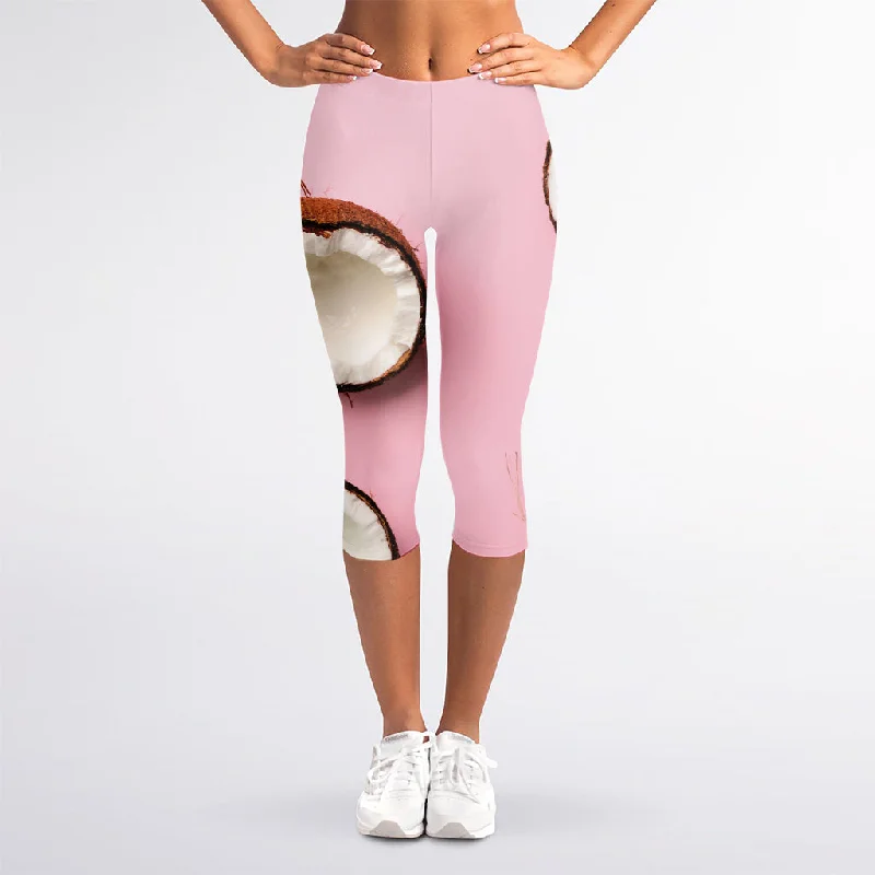 Pink Coconut Pattern Print Women's Capri Leggings Elegant Sheer Leggings