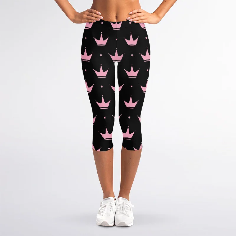 Pink Crown Pattern Print Women's Capri Leggings Fashionable Solid Color Tights