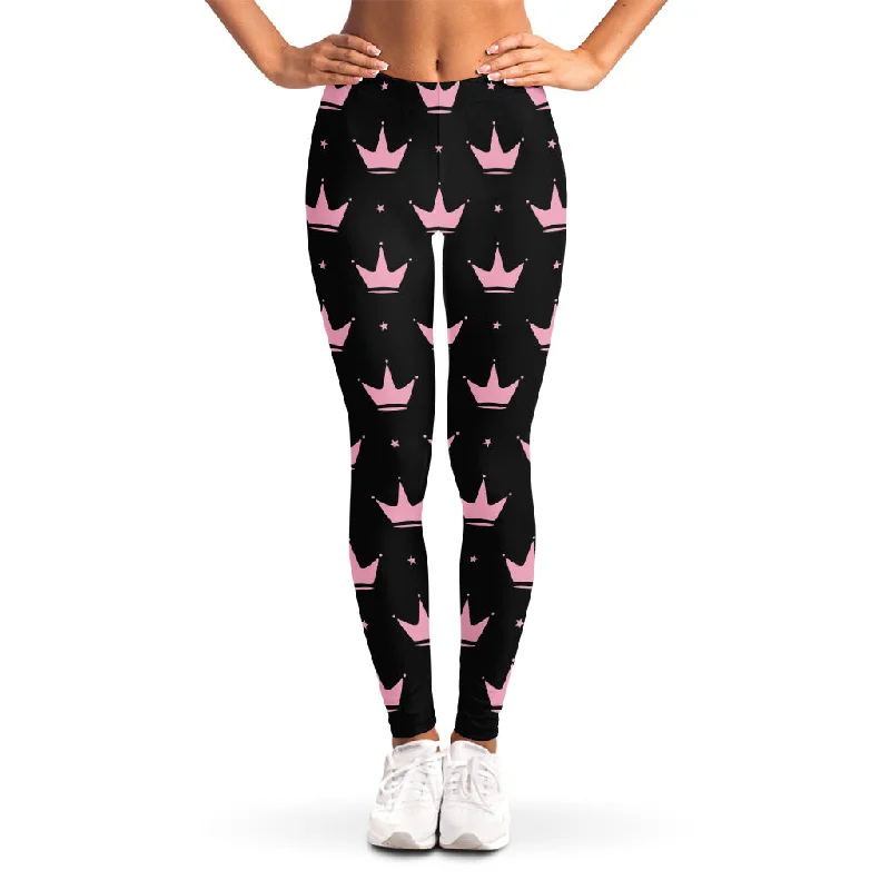 Pink Crown Pattern Print Women's Leggings Comfortable Ribbed Waistband Leggings