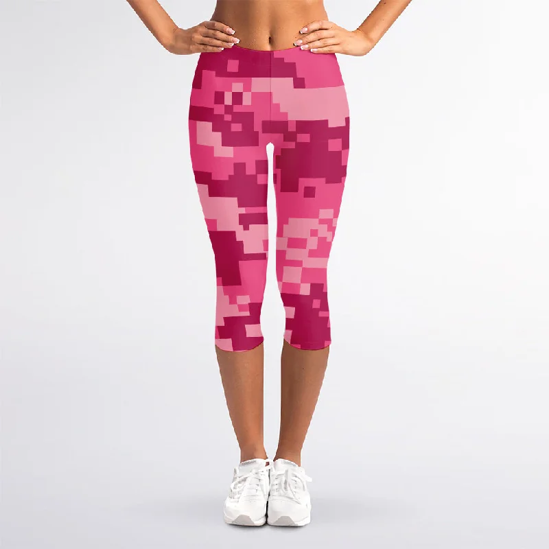 Pink Digital Camo Pattern Print Women's Capri Leggings Comfortable Leggings with Pockets