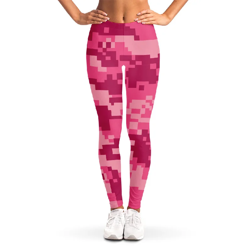 Pink Digital Camo Pattern Print Women's Leggings Trendy Adjustable Waist Leggings