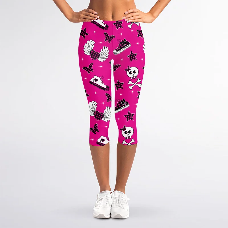 Pink Emo Symbols Pattern Print Women's Capri Leggings Comfortable Printed Workout Leggings