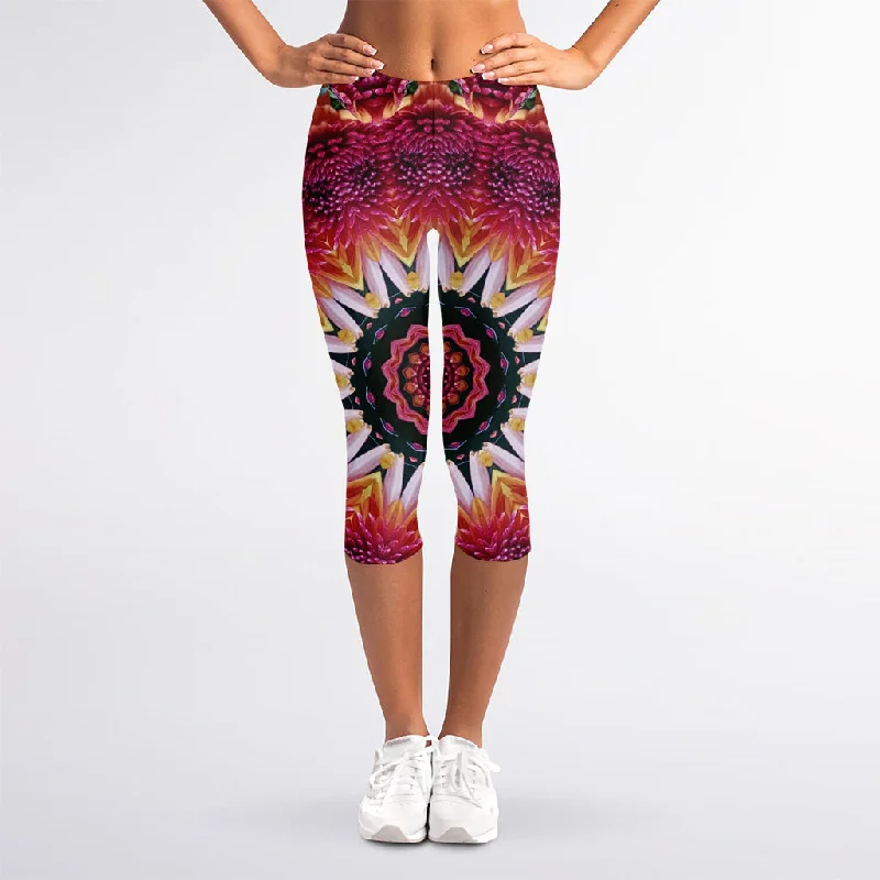 Pink Flower Kaleidoscope Print Women's Capri Leggings Comfortable Tummy Shaping Leggings