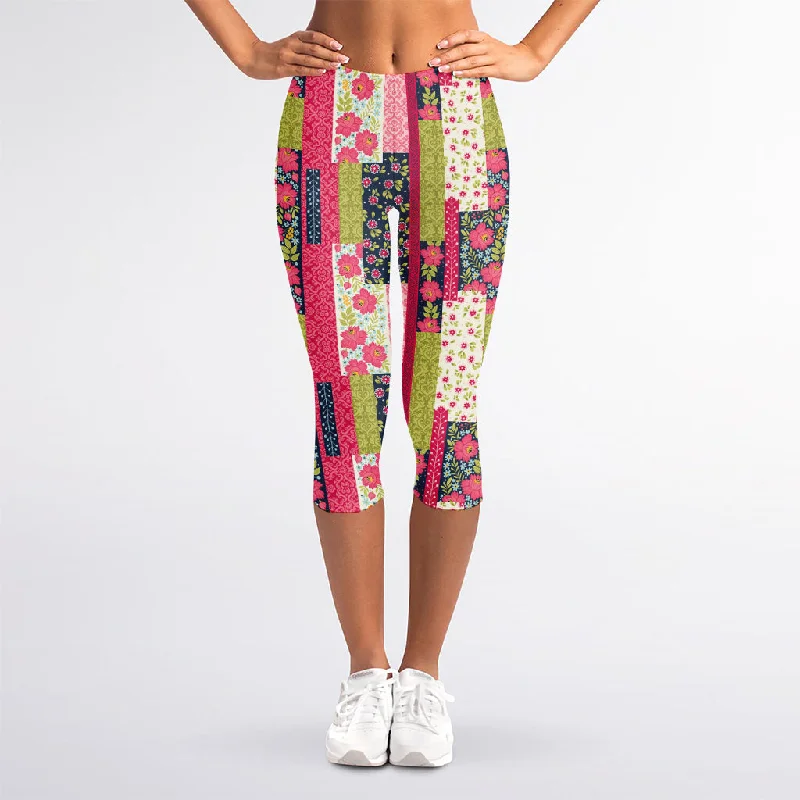 Pink Flower Patchwork Pattern Print Women's Capri Leggings Elegant Full-Body Leggings