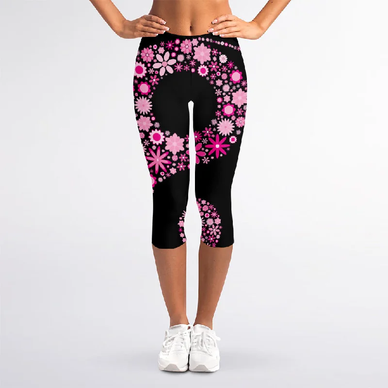 Pink Flowers Yin Yang Print Women's Capri Leggings Fashionable Plus-Size Activewear