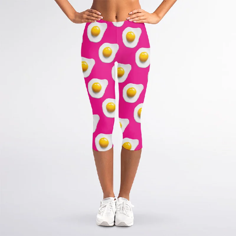 Pink Fried Eggs Pattern Print Women's Capri Leggings Comfortable Classic Yoga Leggings