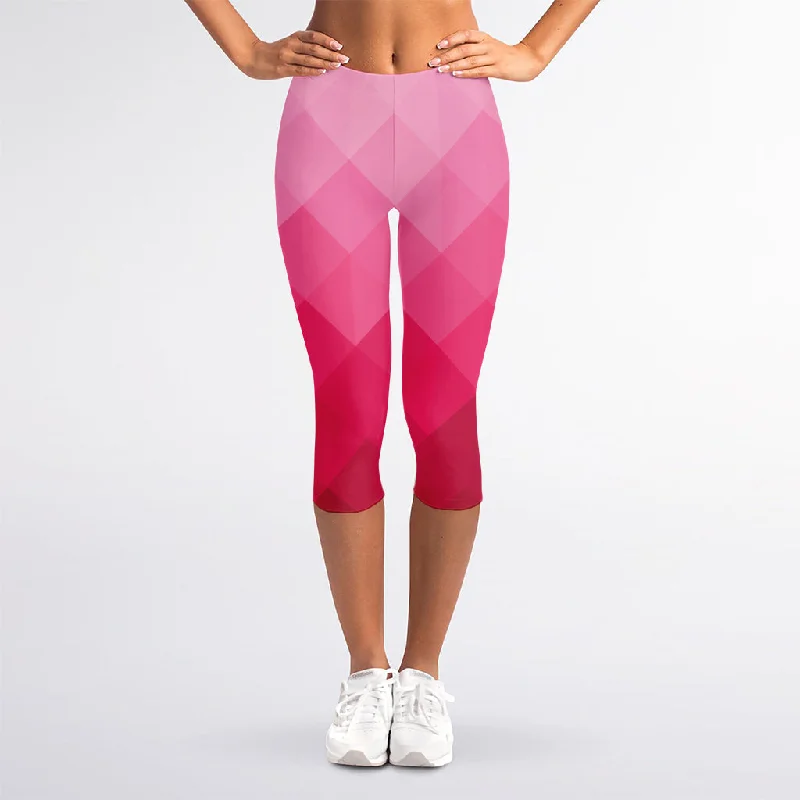 Pink Geometric Square Pattern Print Women's Capri Leggings Fashionable Sports Compression Leggings