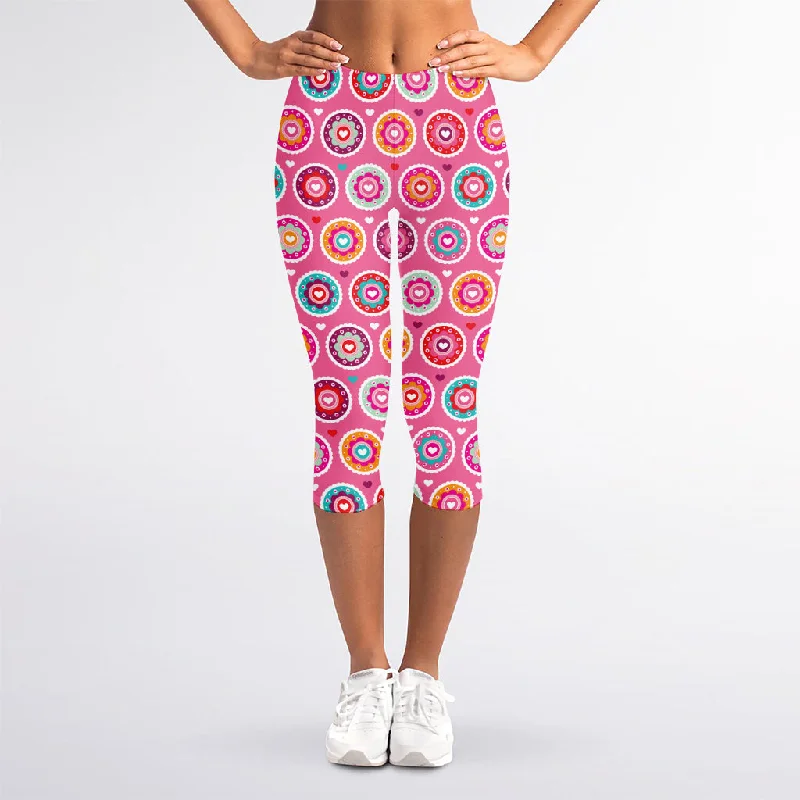 Pink Girly Flower Pattern Print Women's Capri Leggings Comfortable Cold Weather Leggings