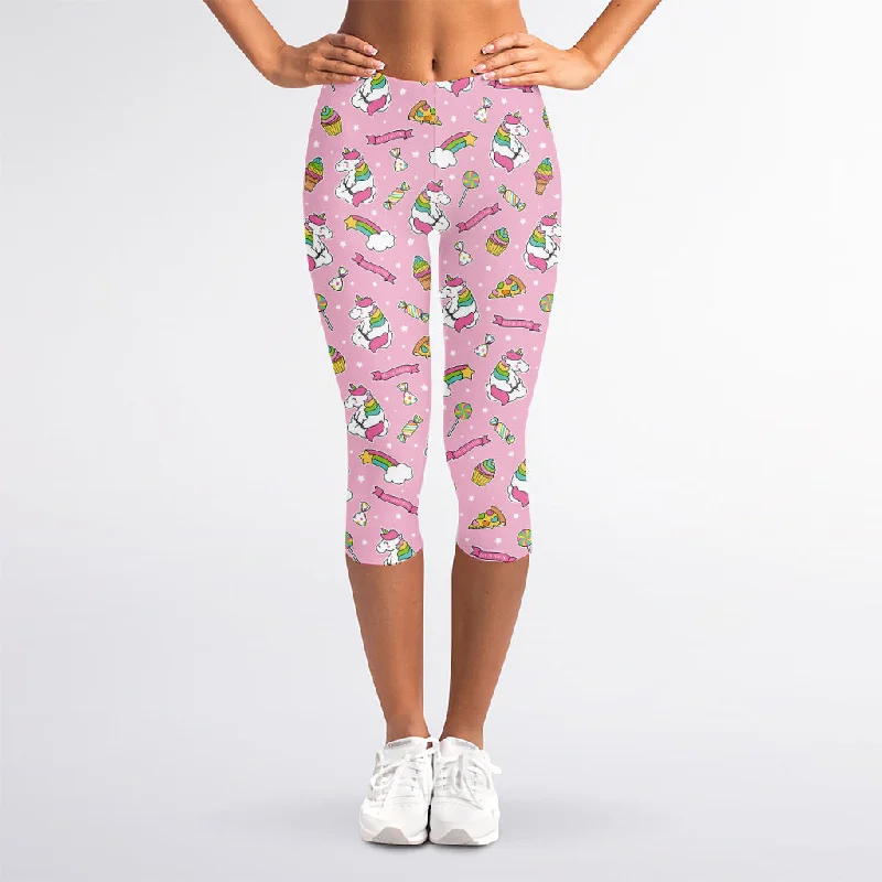 Pink Girly Unicorn Pattern Print Women's Capri Leggings Fashionable Smooth Fit Leggings