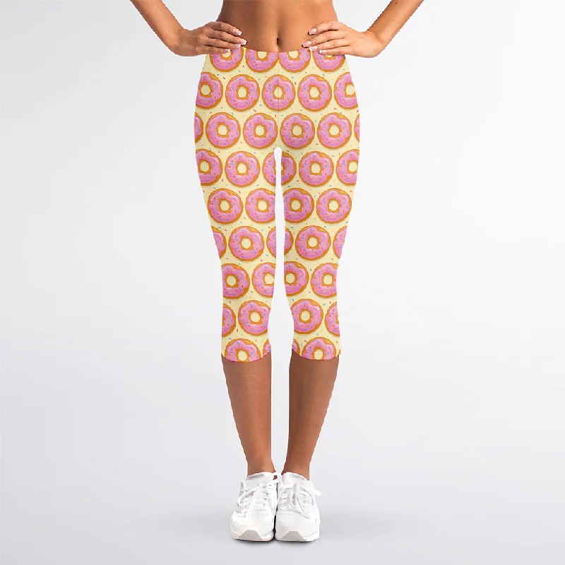 Pink Glazed Donut Pattern Print Women's Capri Leggings Trendy High-Waist Tummy Control Leggings