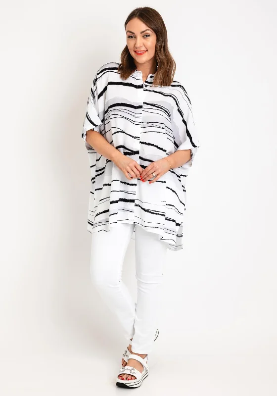 Ever Sassy Striped Oversized Shirt, White Collared T-Shirt Boat Neck A-Line