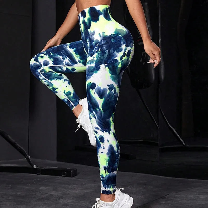 Seamless Tie Dye Leggings Women Knitting Fitness Leggings High Waist Trendy High-Compression Leggings