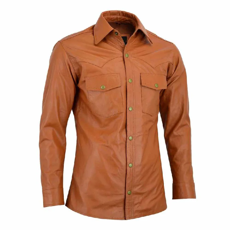 Slim Fit Tan Brown Men Full Sleeve Soft Leather Shirt Hooded Caped Shawl Collar