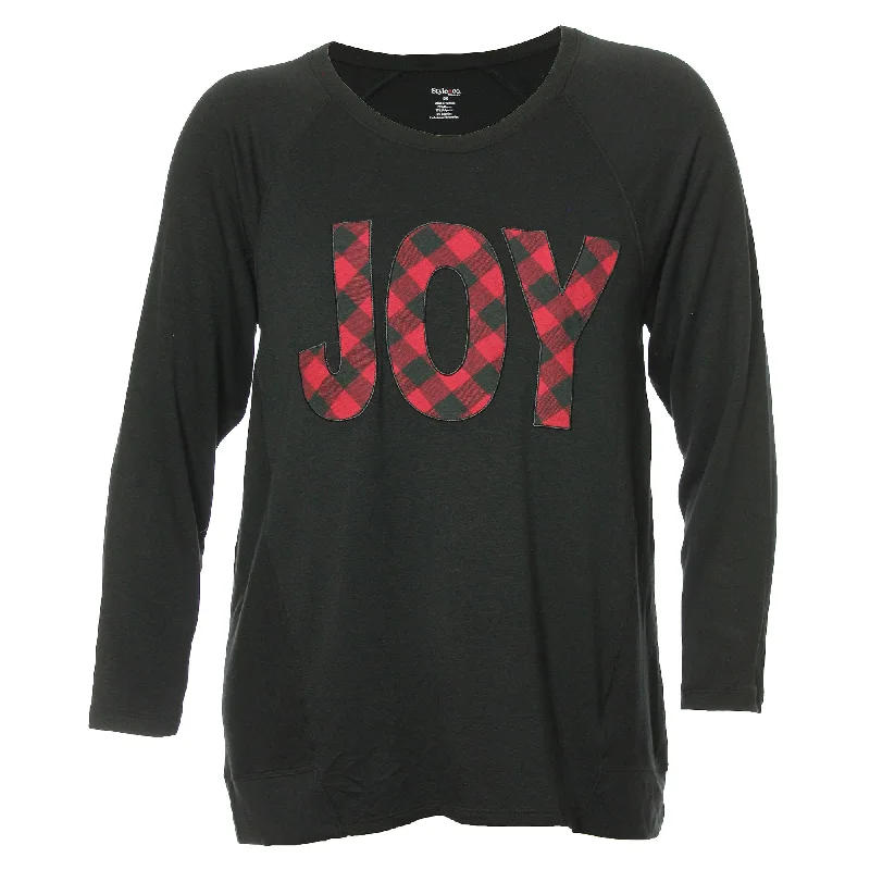 Style & Co Black Long Sleeve Applique "Joy" Holiday Shirt Solid Color Striped Floral