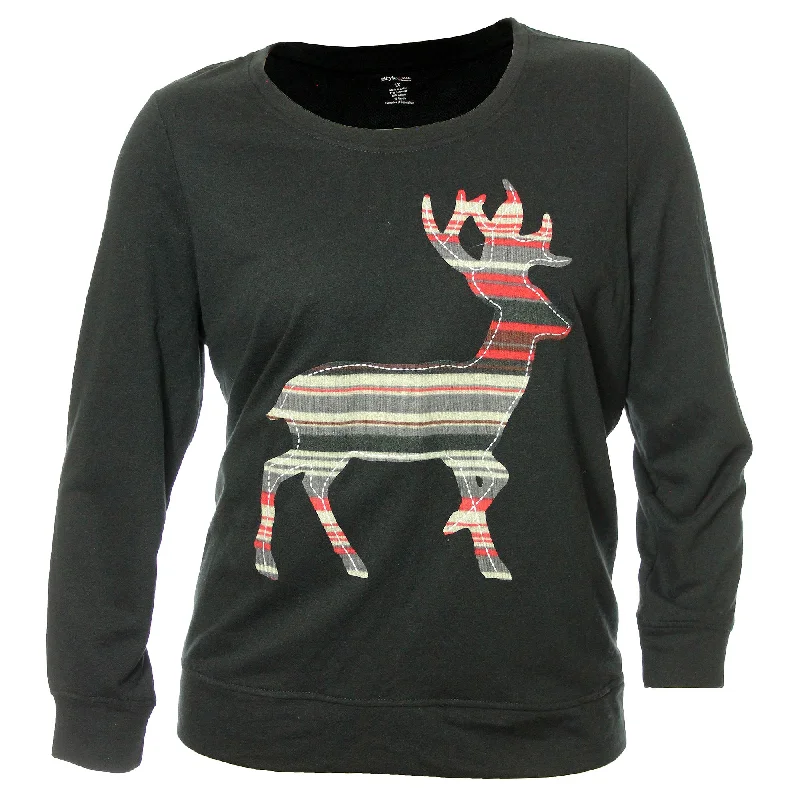 Style & Co Black Long Sleeve Reindeer Applique Shirt Tee Boxy Fit Fitted Loose