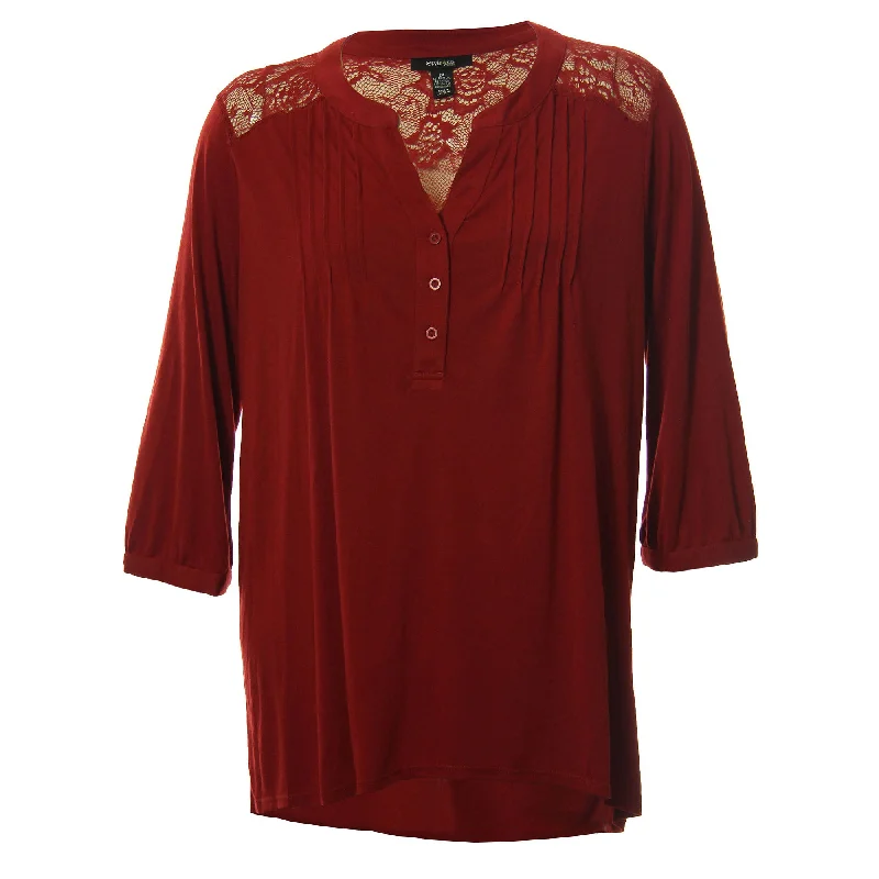 Style & Co Brick Red 3/4 Sleeve Lace Inset Shirt Hooded Caped Shawl Collar