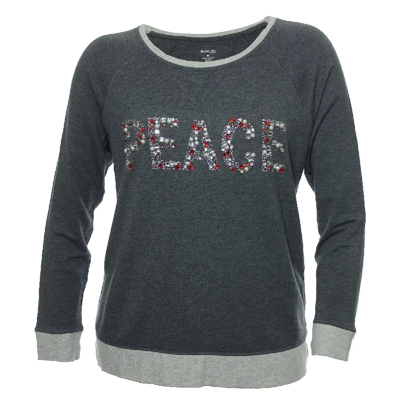 Style & Co Gray Long Sleeve Rhinestone Embellished "Peace" Shirt Anti-Pilling Machine Wash Handmade