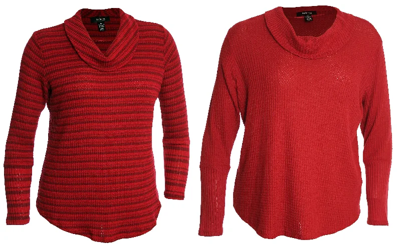 Style & Co Red Solid or Striped Long Sleeve Waffle Knit Cowl Neck Shirt Front Pockets Side Pockets Patch Pockets