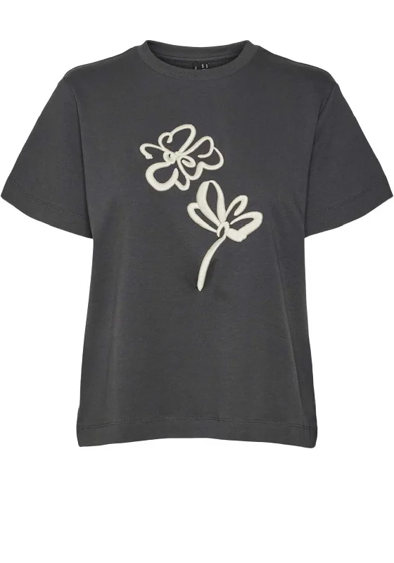 Vero Moda Caya Flower Embroidered T Shirt, Grey Hooded Caped Shawl Collar