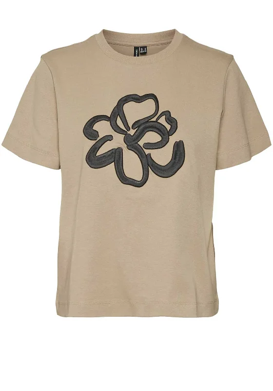 Vero Moda Caya Flower Embroidered T Shirt, Brown Zippered Buttoned Snapped