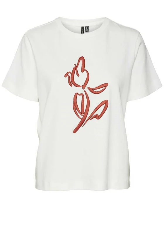 Vero Moda Caya Tulip Embroidered T Shirt, White Elasticated Padded Insulated