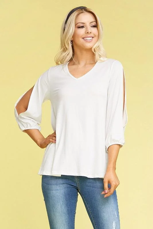 White V-Neck 3/4 Sleeve Slit Shirt Cozy Warm Stylish