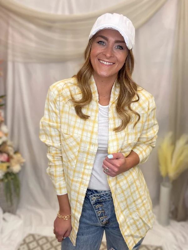 Yellow Plaid Belted Button Down Shirt Asymmetrical Pockets Print